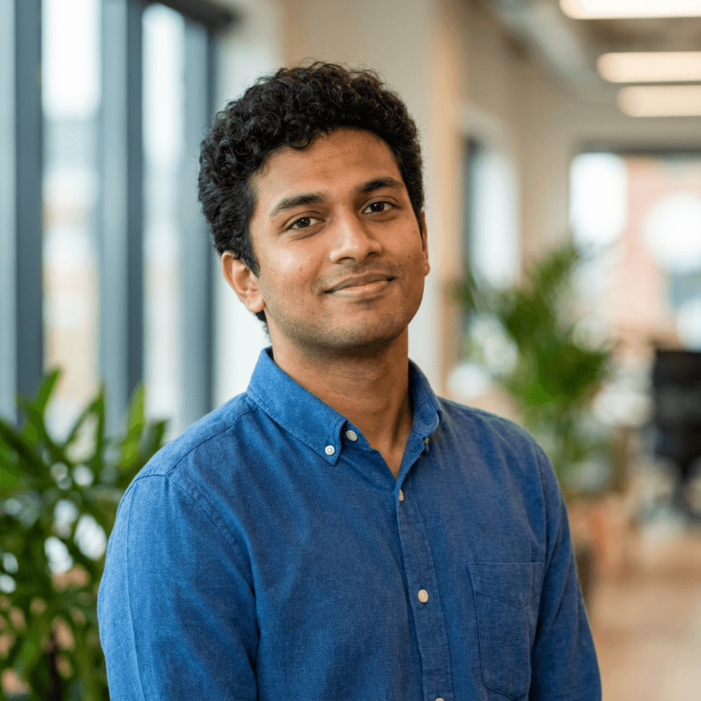Male professional in his early 40s, White, with a neat business-casual look, smiling in a bright office setting