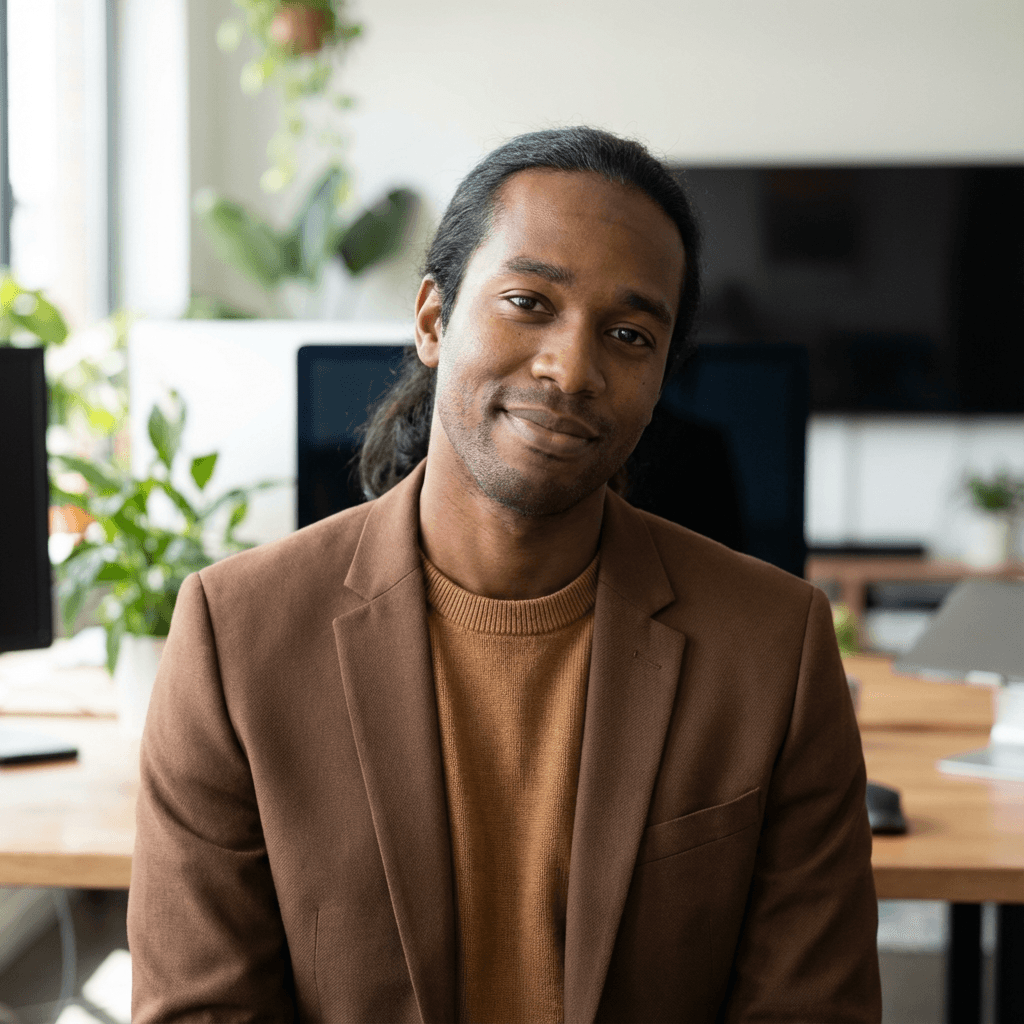 Daniel Okafor in smart casual attire in an office