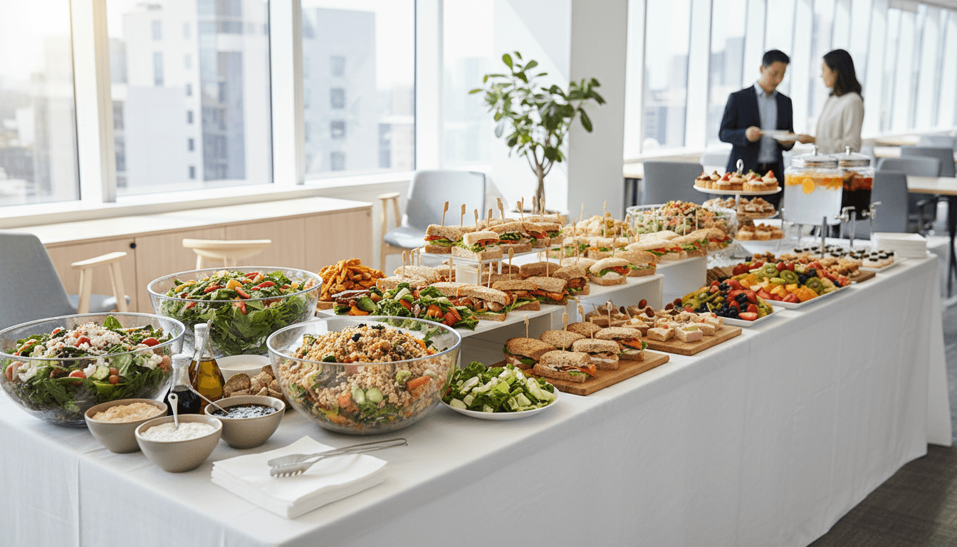 Fresh catered lunch buffet set up for a corporate meeting in a bright modern office