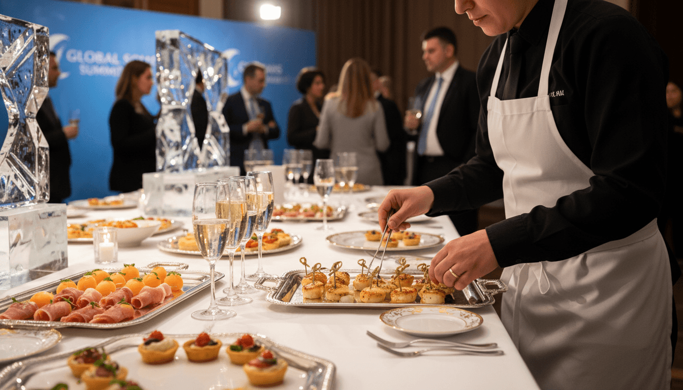 Professional caterer arranging appetizers on a tray at a corporate event