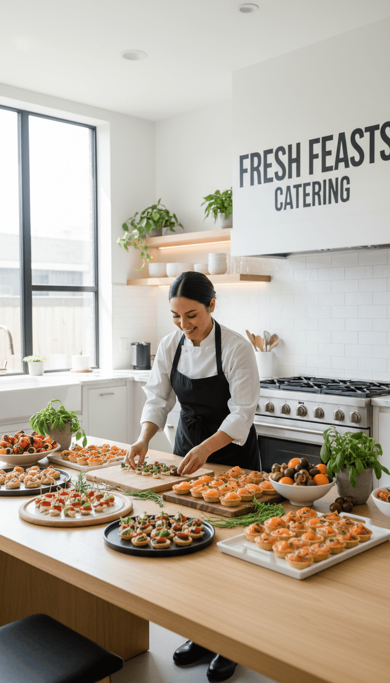 Professional caterer arranging fresh food trays on a table in a bright, modern kitchen