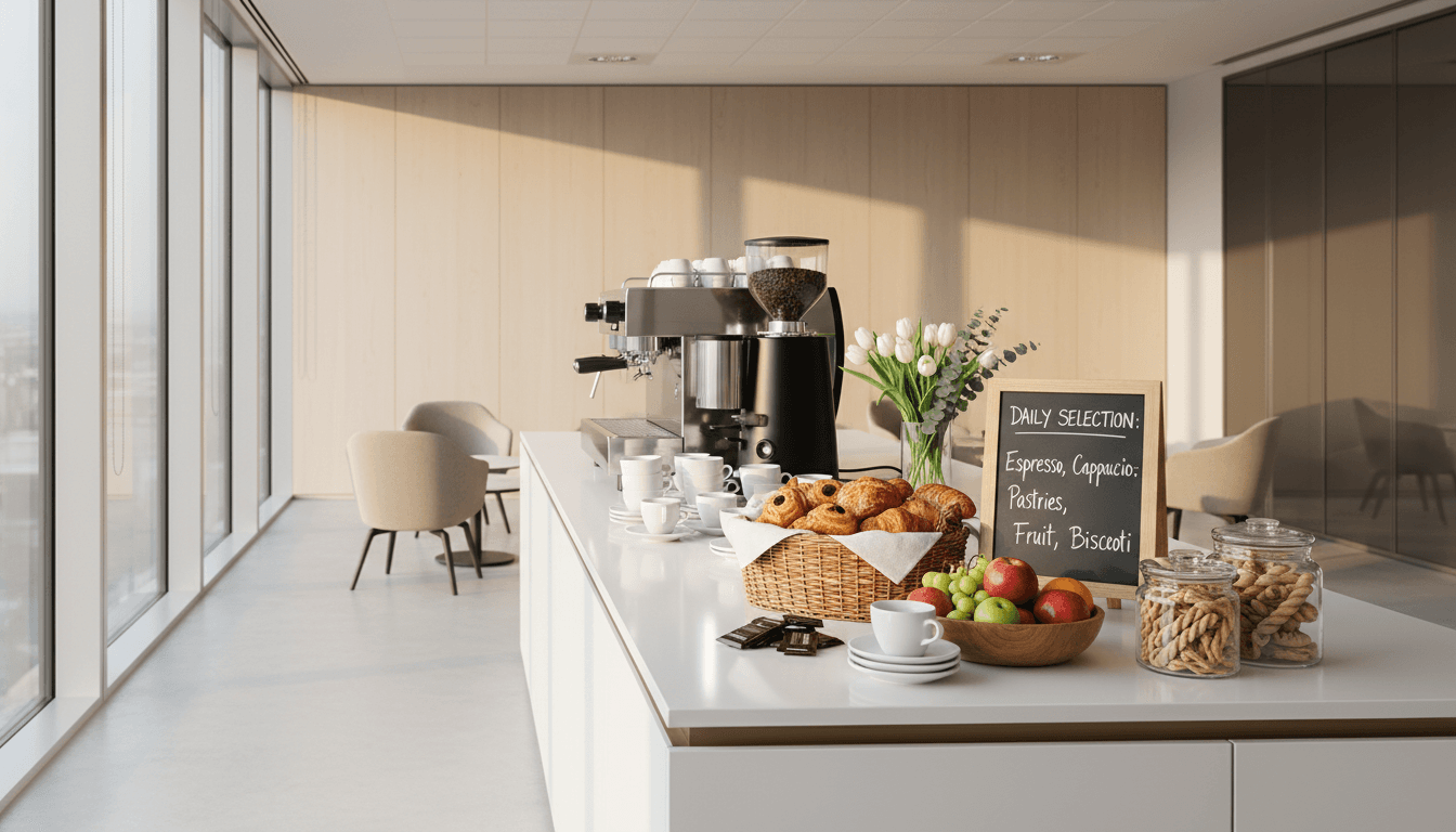 Conference room catering table with coffee and pastries