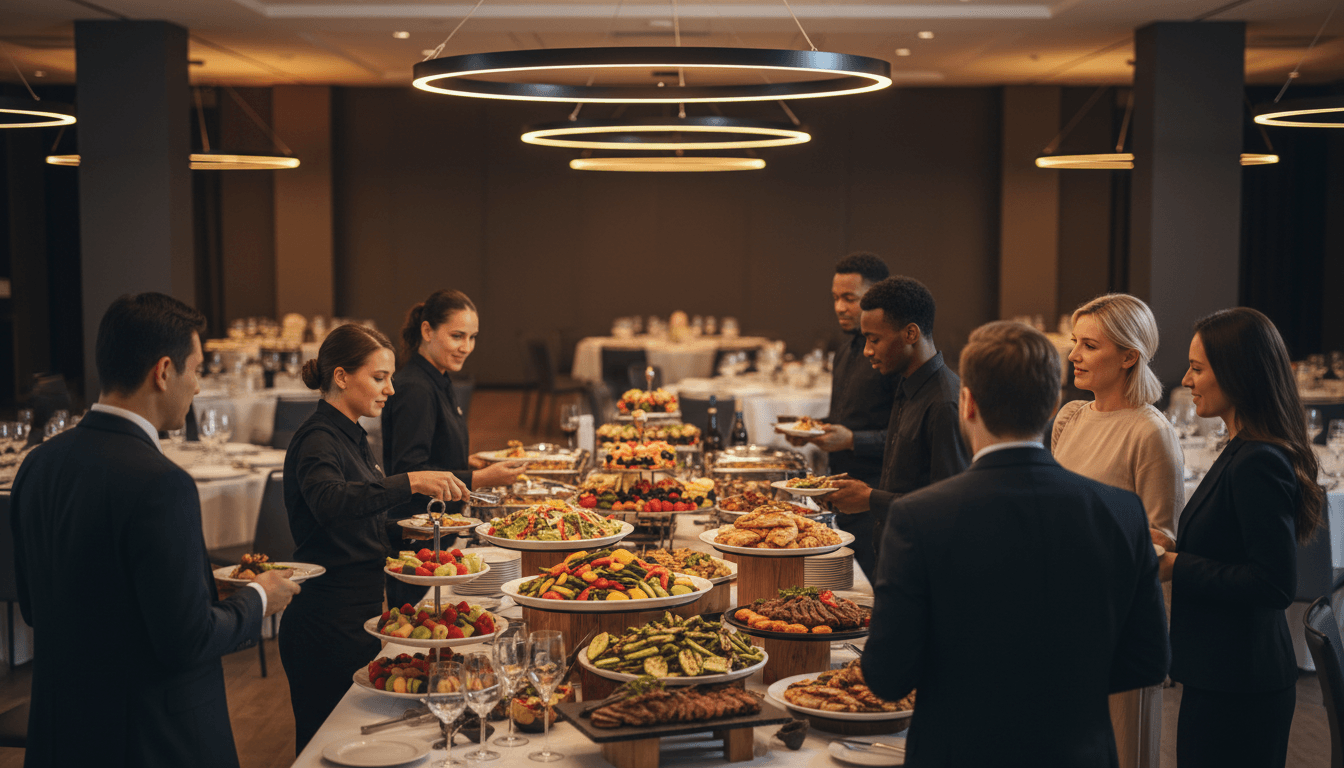 Caterer arranging food display with menu labels