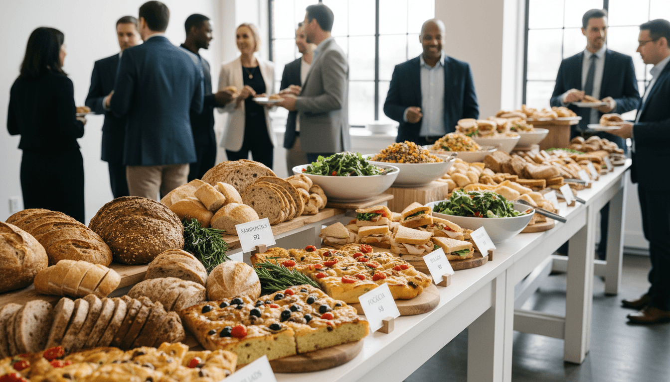 Corporate catering buffet spread with sandwiches and salads