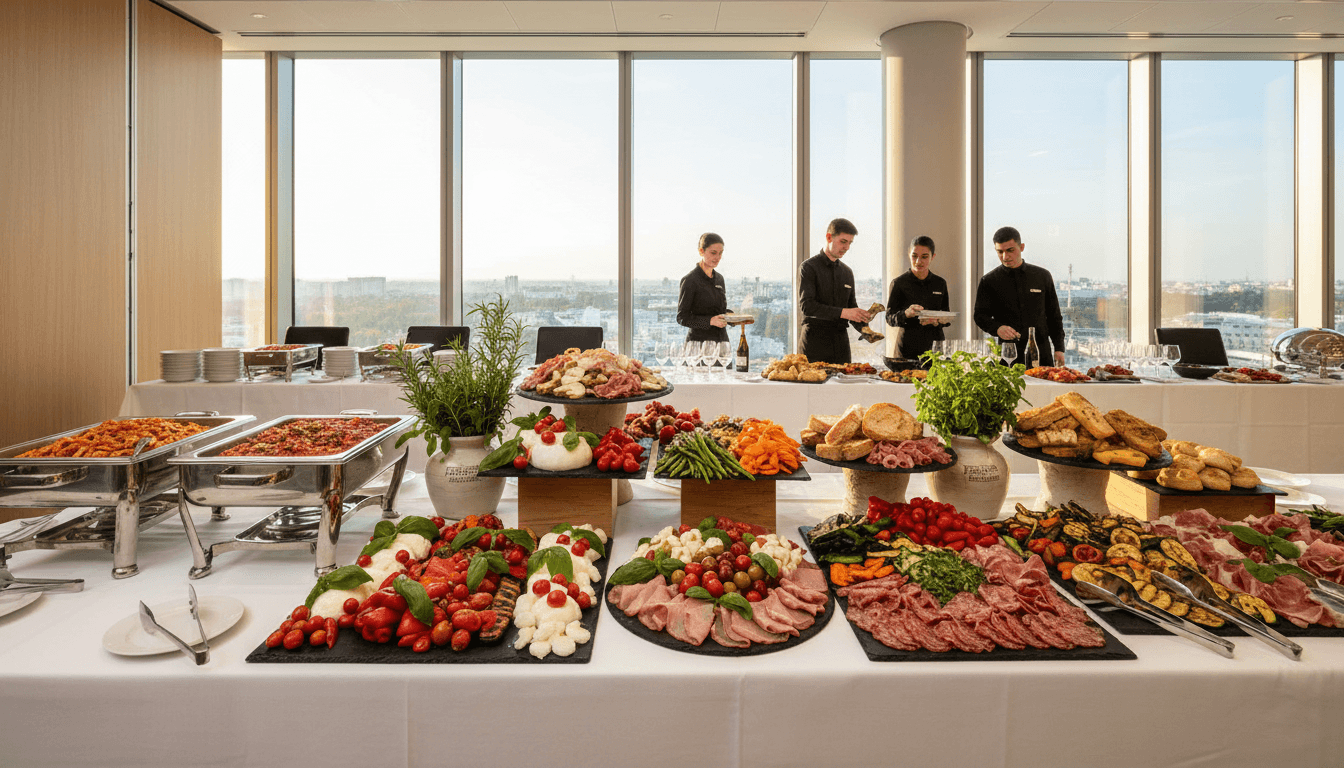 Catering team setting up fresh food platters at a corporate event
