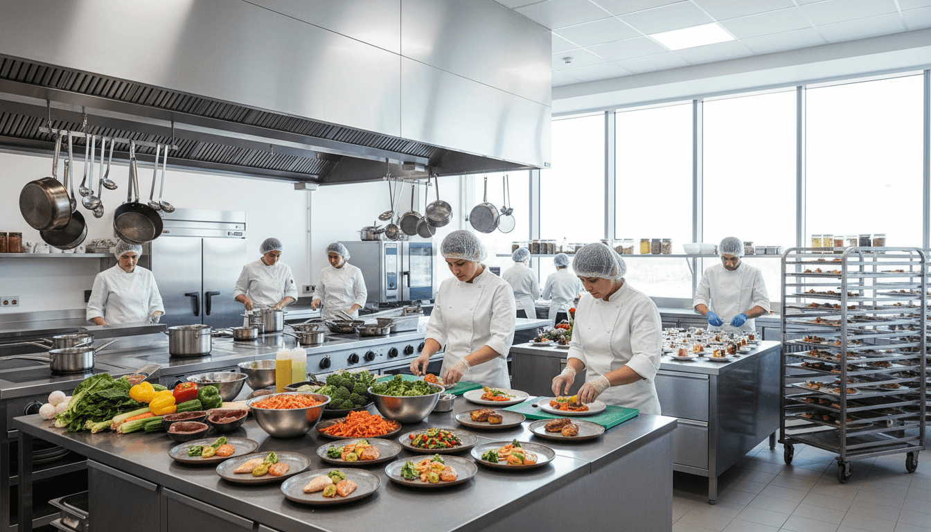Professional caterers preparing fresh food in a commercial kitchen