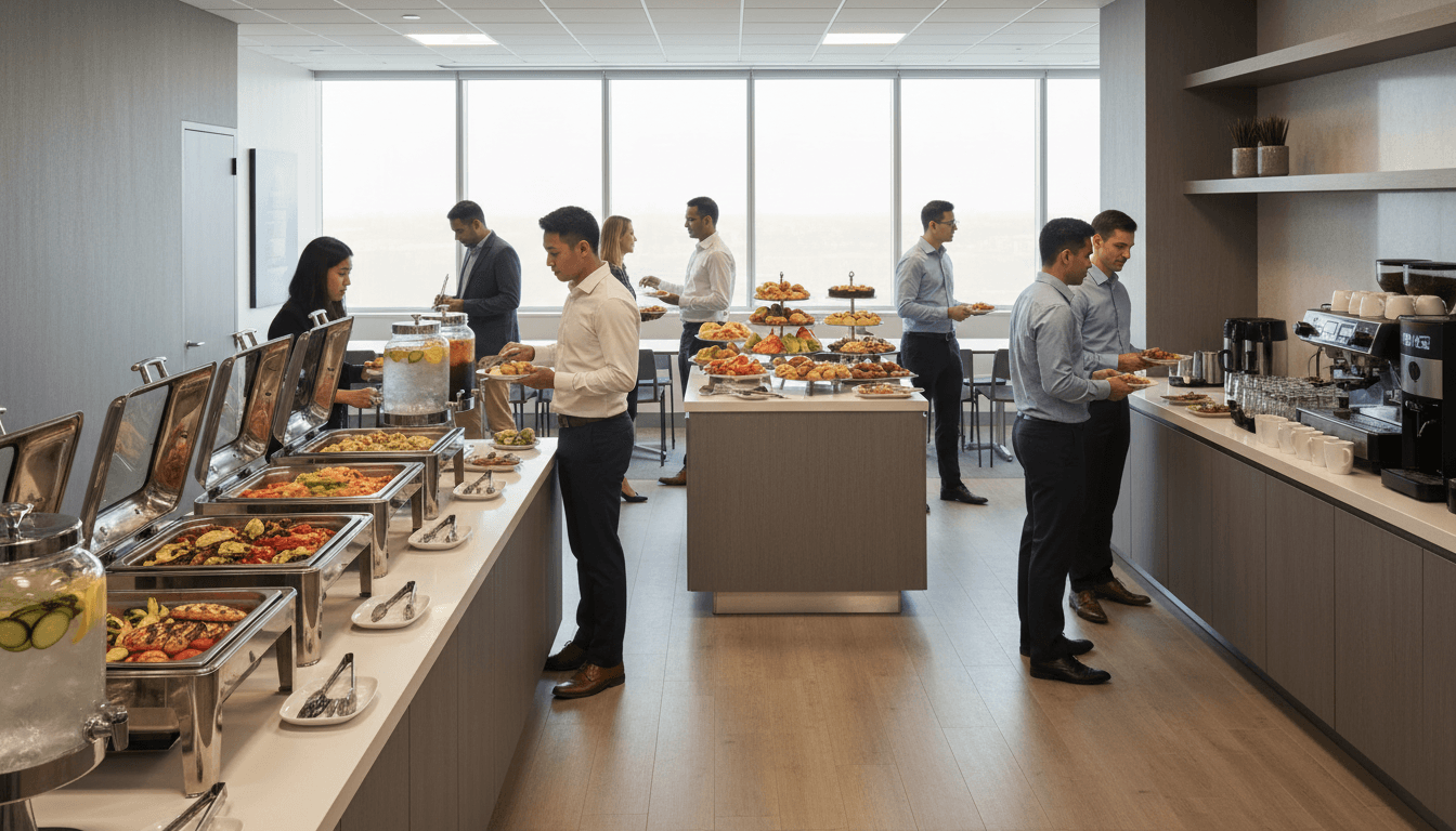Professional corporate caterer arranging fresh food trays for a business meeting
