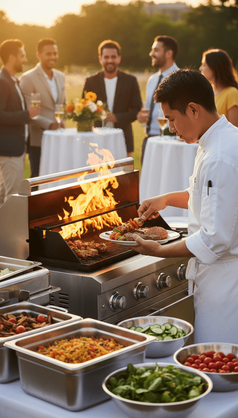 Hot menu display with grilled vegetables and rice dishes