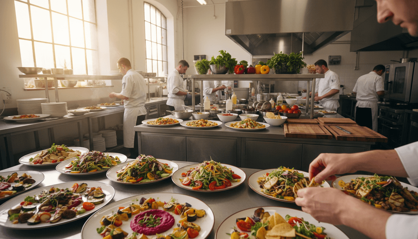 Catering staff arranging labeled food platters for a corporate event
