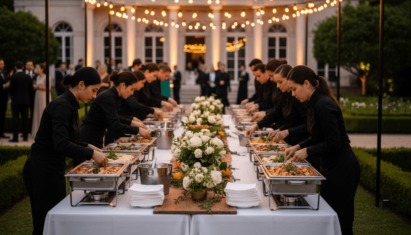 Catering staff arranging a buffet spread at a corporate event