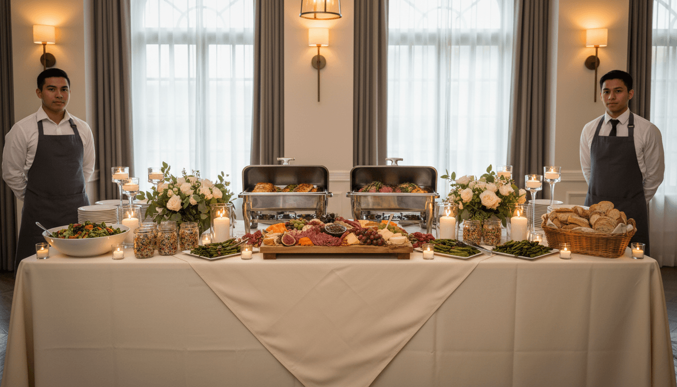 Catering staff arranging a buffet table at a corporate event in Toronto
