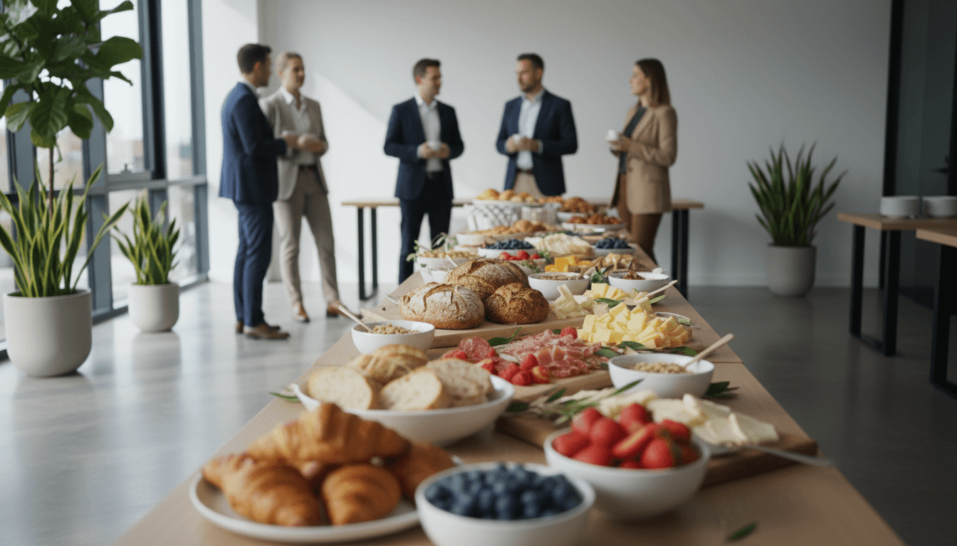 Catered lunch spread with fresh sandwiches and salads on a conference room table
