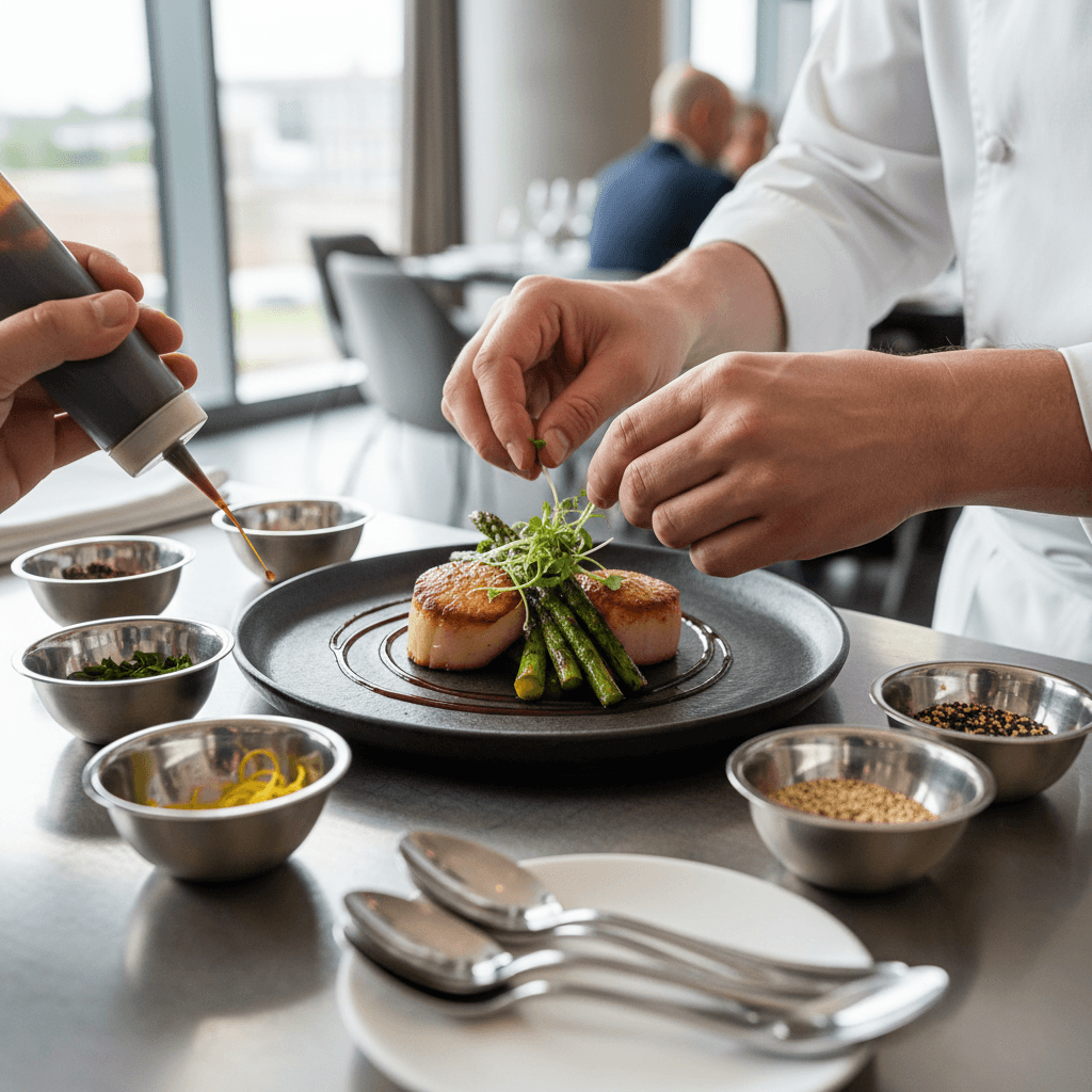 Chef plating a fresh meal in a professional catering kitchen