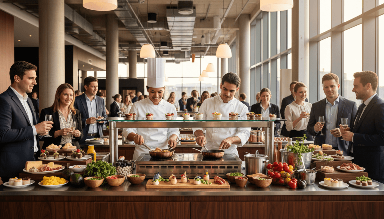 Professional caterer arranging fresh food trays for a corporate event in a bright modern kitchen